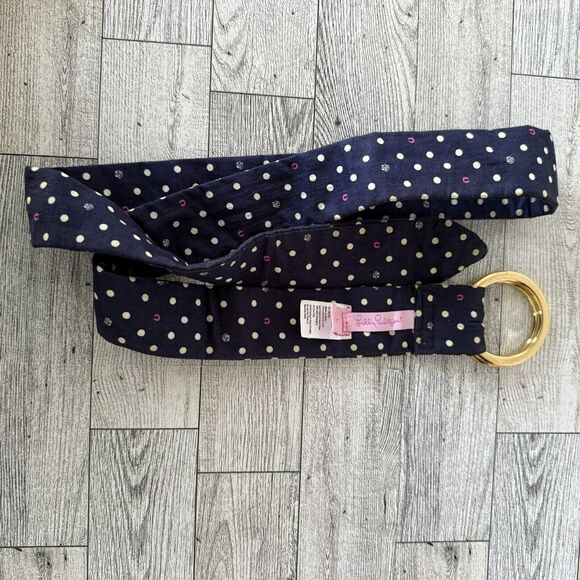 Lilly Pulitzer Women's Large 100% Cotton Double Ring Navy Blue Polka Dot Belt - Picture 4 of 5